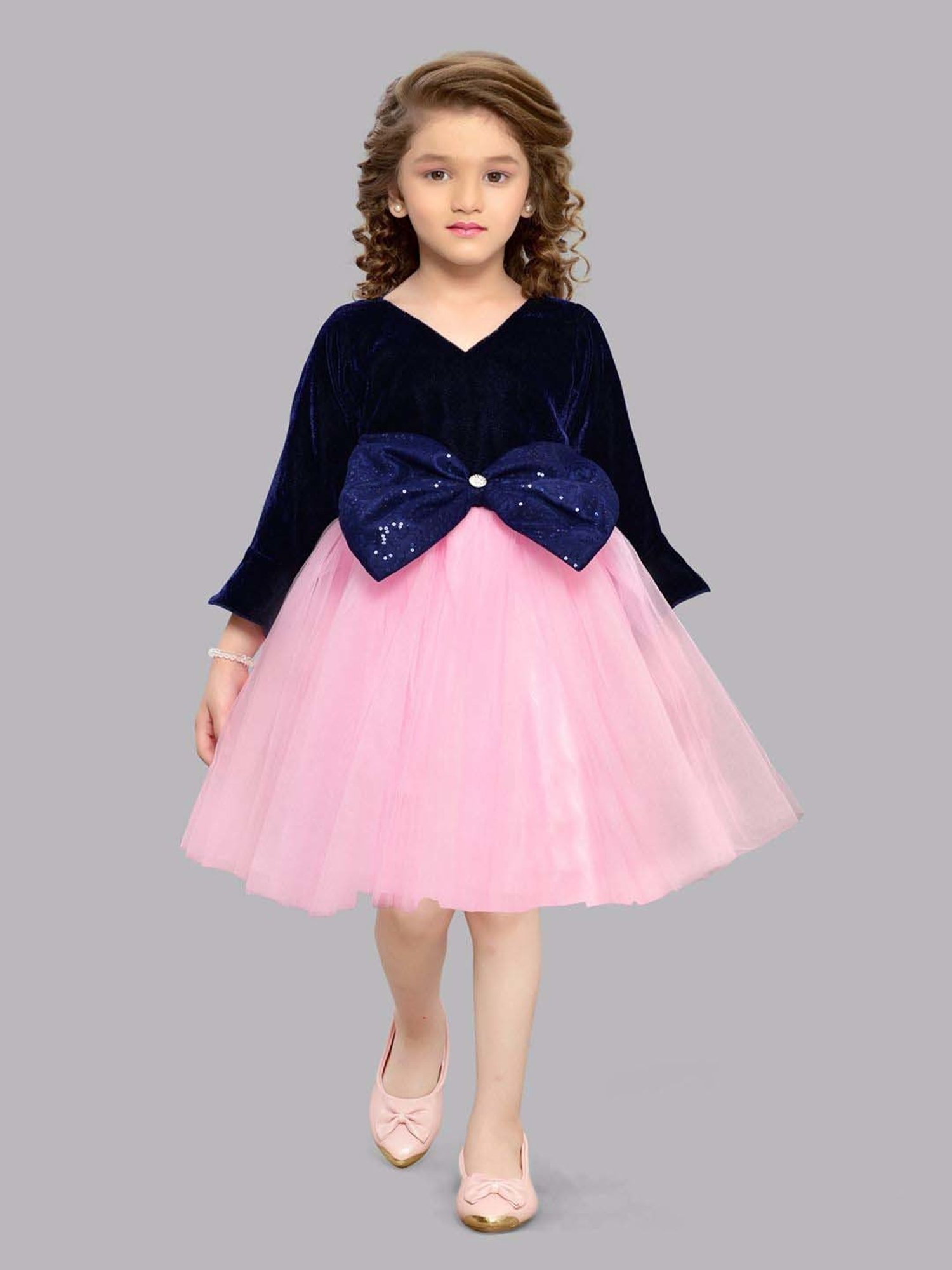 Pink Chick Kids Navy Color Block Full Sleeves Dress