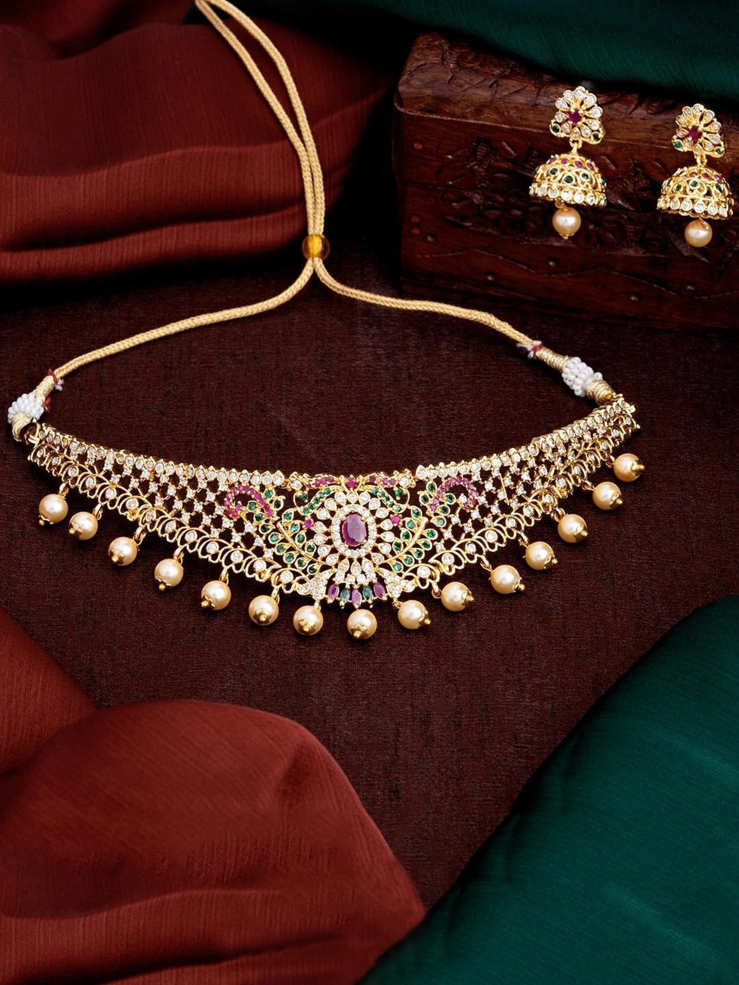 Estele Gold-Plated CZ Dazzling Bridal Choker Necklace Set with Pearls for Women