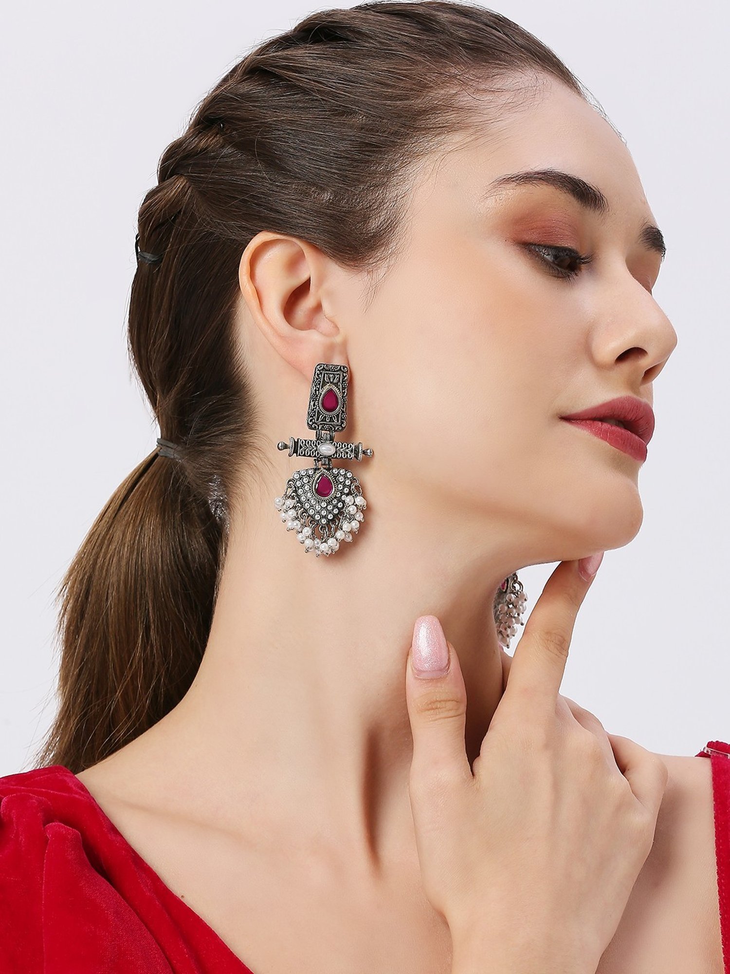 Oomph Oxidized Silver Ethnic Silver Look Alike Maroon Stones Pearls Dangler Earrings