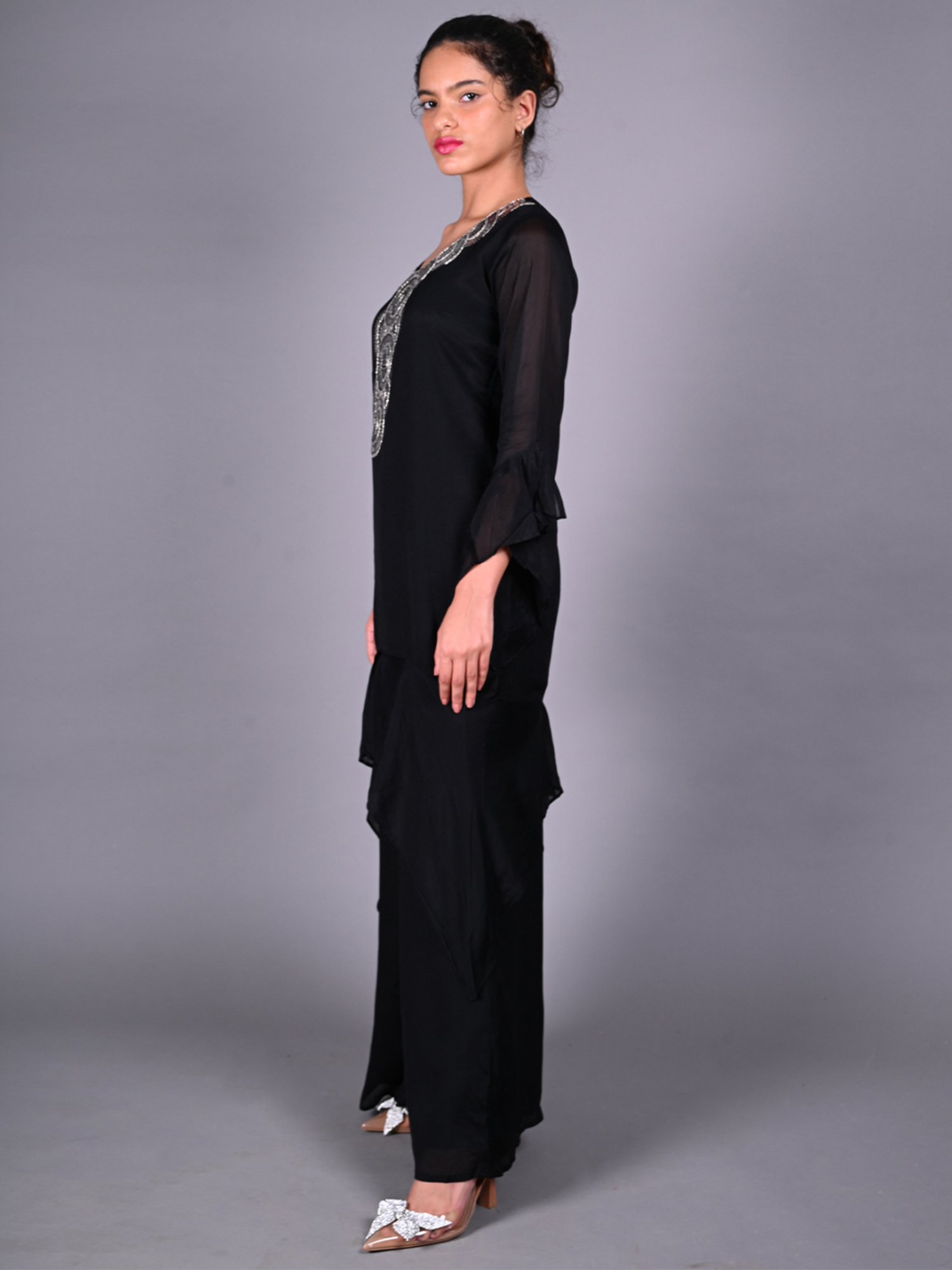 Odette Black Embellished Tunic Palazzo Set