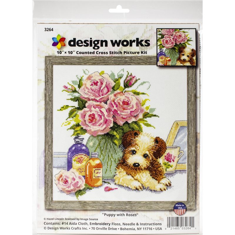 Design Works Counted Cross Stitch Kit 10"X10"-Puppy W/Roses (14 Count)