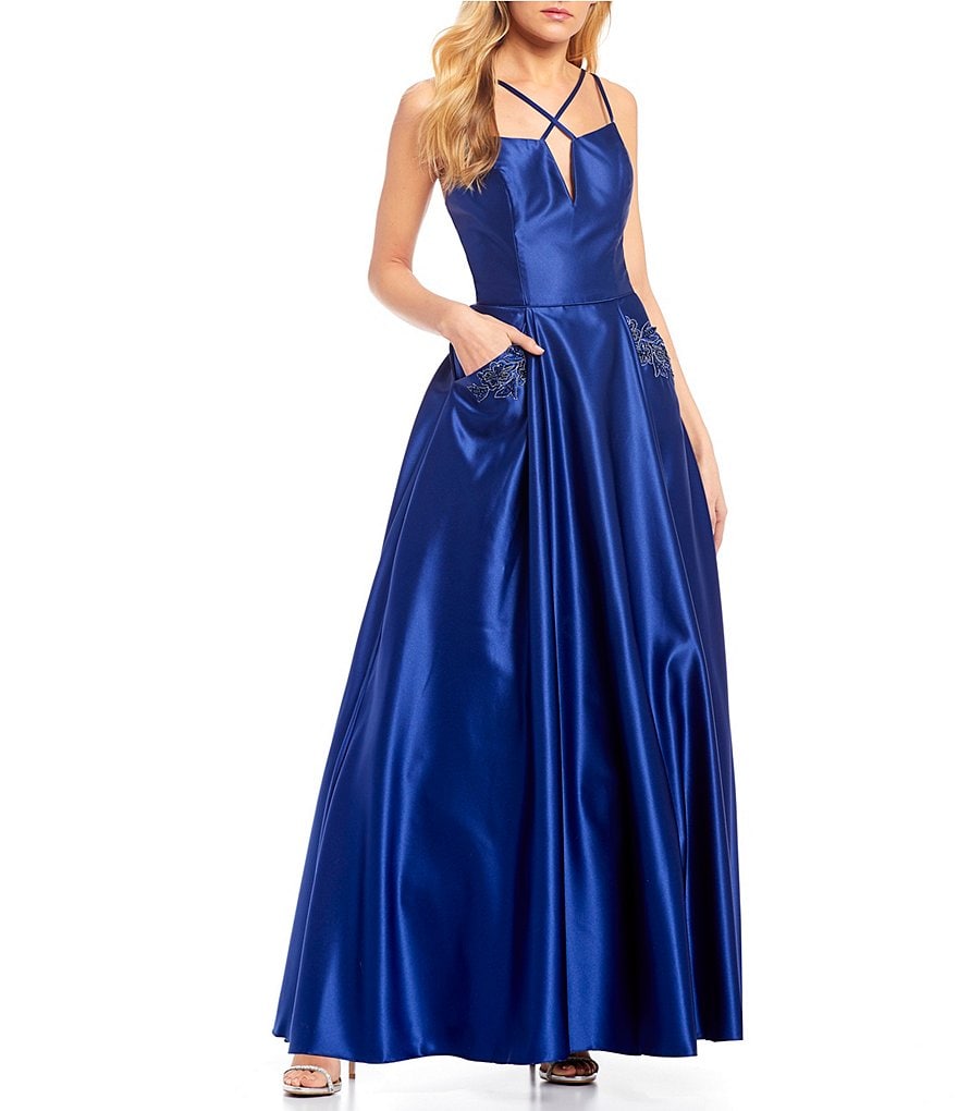 Blondie Nites Spaghetti Strap X-Front Embellished Pocket Satin Ball Gown