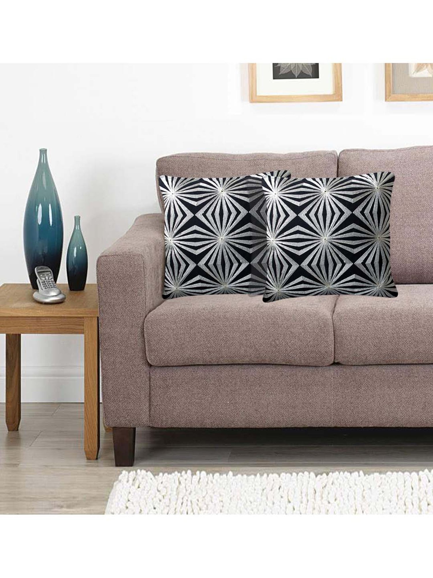 Saral Home Black & Beige Cotton Cushion Covers - Set of 2