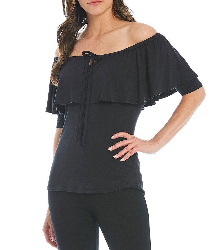 Donna Karan New York Jersey Tie Front Convertible Off-the-Shoulder Short Sleeve Tier Top