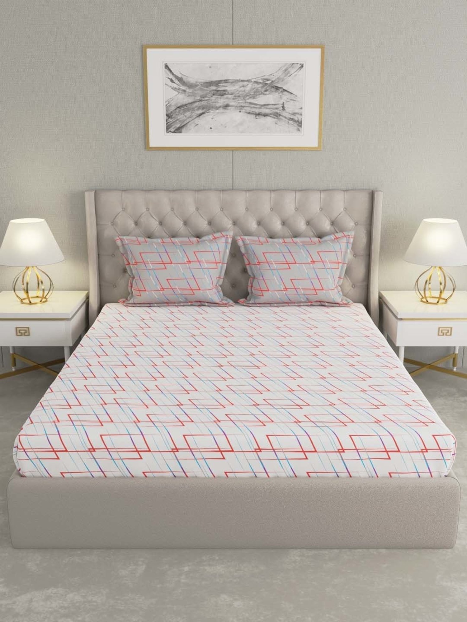 Raymond Home Mystique White & Red 110 TC Cotton Queen Bedsheet with 2 Pillow Covers