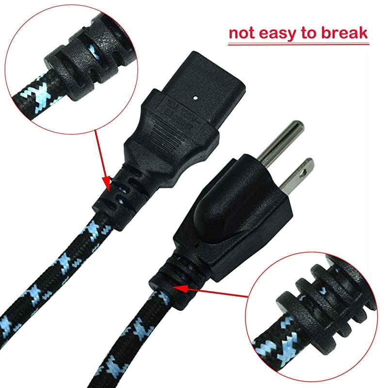 1Pack  16 AWG Heavy Duty 3 Prong Braided Power Cord PC Power Cord Computer Power Cord AC Power Cable in 5 Feet NEMA 515P to IEC C13