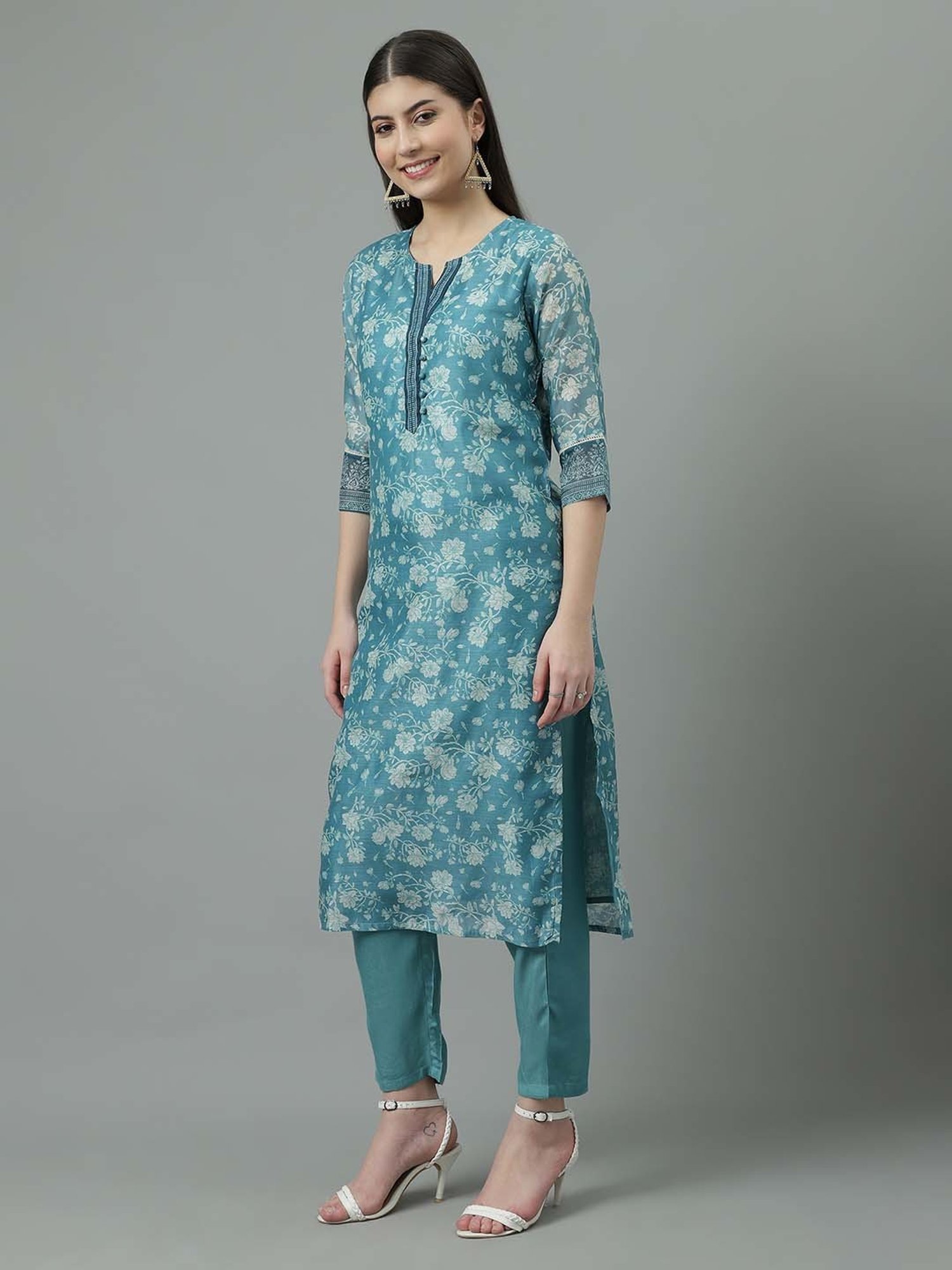 Sringam Blue Floral Print Kurta Pant Set With Dupatta