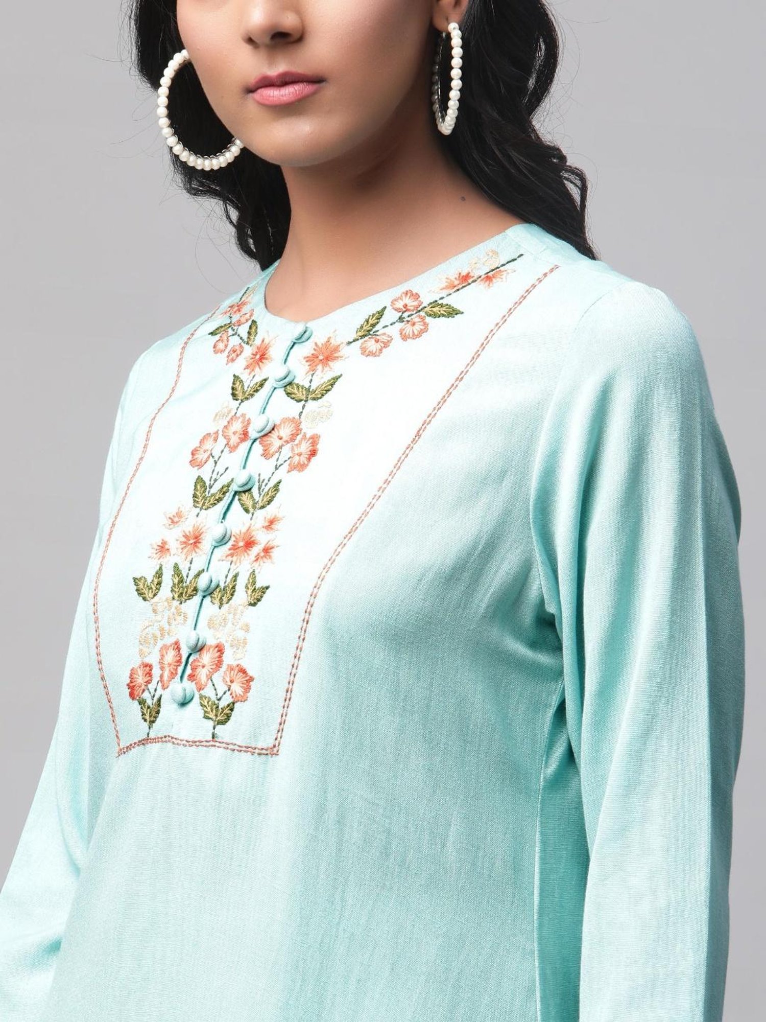 Linen Club Women Blue Embroidered Kurta