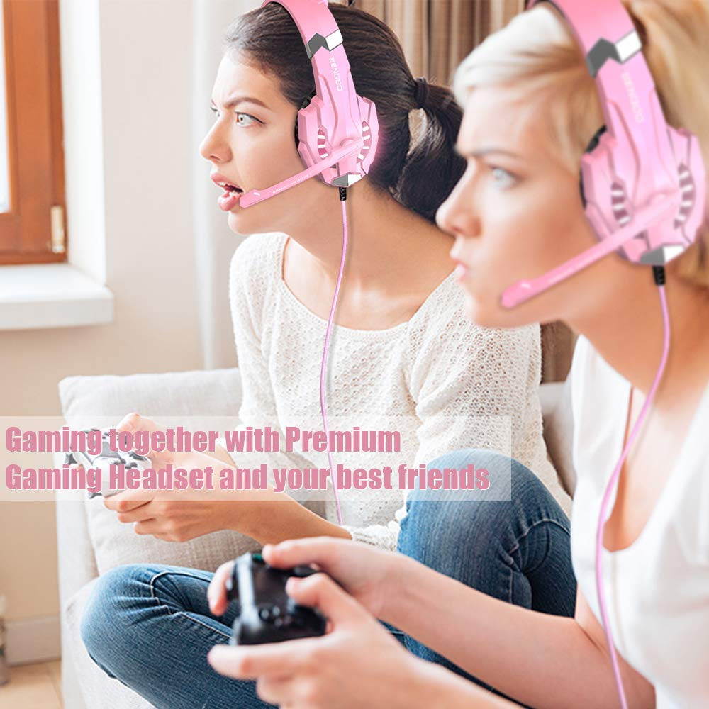 BENGOO Stereo Gaming Headset for PS4, PC, Xbox One Controller, Noise Cancelling Over Ear Headphones Mic, LED Light, Bass Surround, Soft Memory Earmuffs for Laptop Mac Nintendo Switch (Pink)