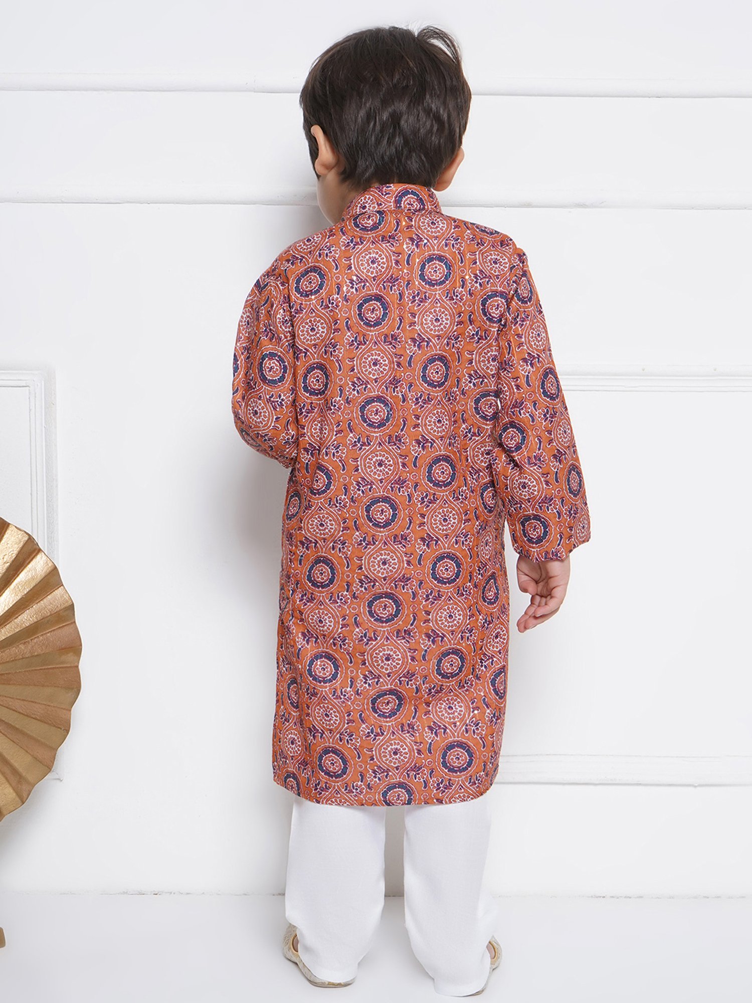 AJ Dezines Kids Orange & White Printed Full Sleeves Kurta with Pyjamas