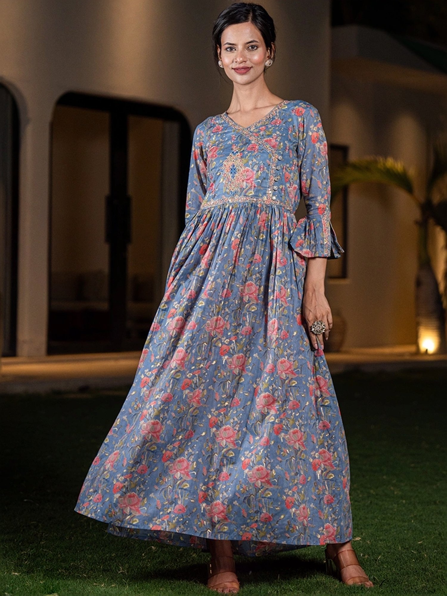Yufta Blue Cotton Printed Maxi Dress