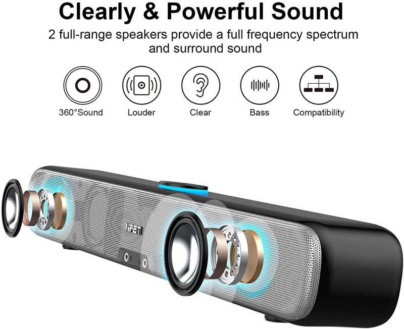Computer Speaker, PC Wired Desktop Sound Bar with LED Lights, Stereo Sound USB Powered for Desktop, Laptop, Mac, iMac, Tablets and More (Black)