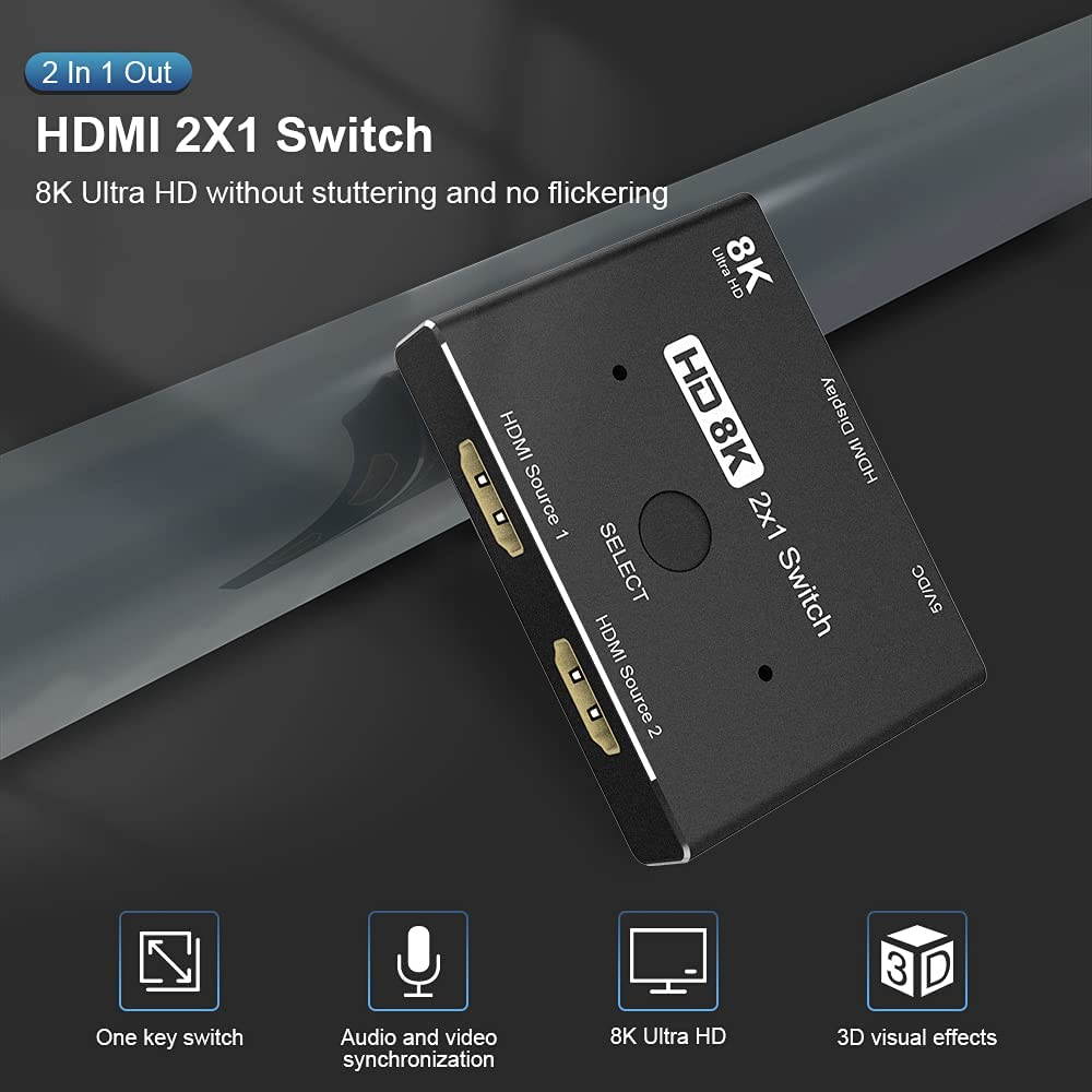 CABLEDECONN HDMI 2.1 Ultra HD 8K High Speed 48Gbps Directional Switch Only 2in 1out 8K@60Hz 4K@120Hz Splitter Converter Compatible with Xbox PS5 Projectors Monitors