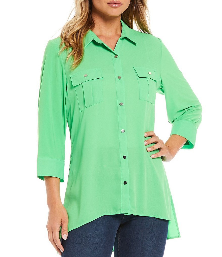 Slim Factor by Investments Bridget 3/4 Sleeve Button Front Hi-Low Top