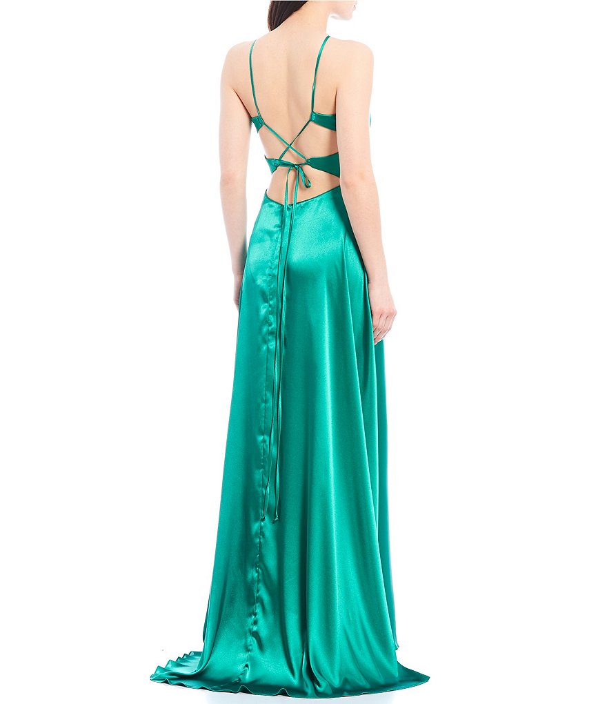 Blondie Nites Halter Neck Lace-Up Back Side Slit Satin Long Dress