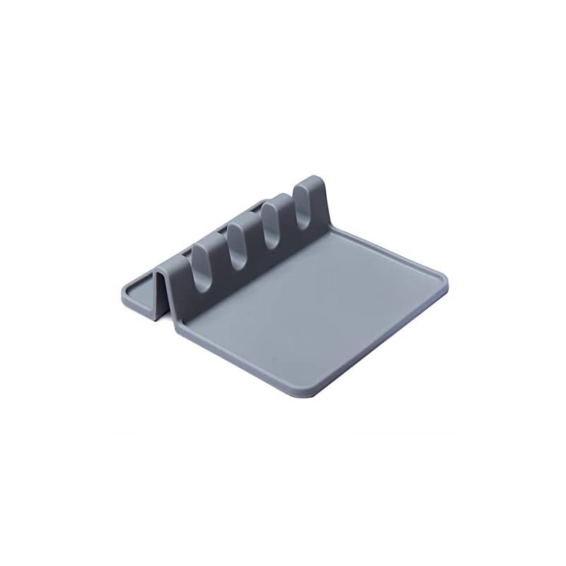 Kitchen Utensil Rest，BPA-Free Silicone Spoon Rest & 4 Slots Heat-Resistant Ladle Spoon Spatula Holder, Gray