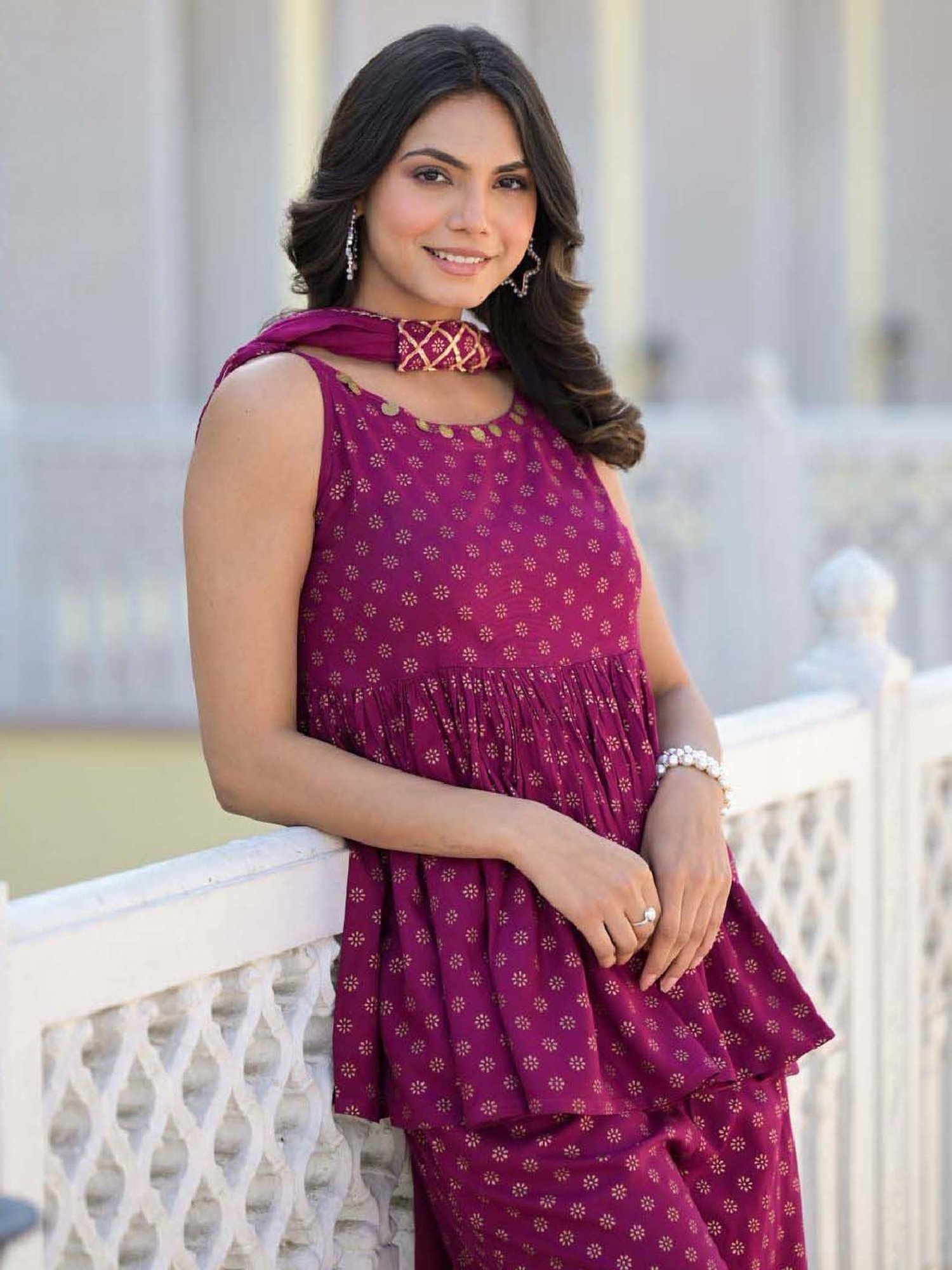 Stylum Purple Printed Tunic Palazzo Set With Dupatta