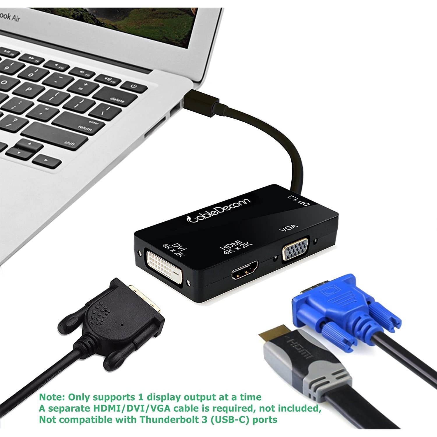 CableDeconn Multi-Function Mini Displayport (Thunderbolt Port Compatible) to HDMI DVI VGA Cable Adapter Converter Male to Female 3-in-1