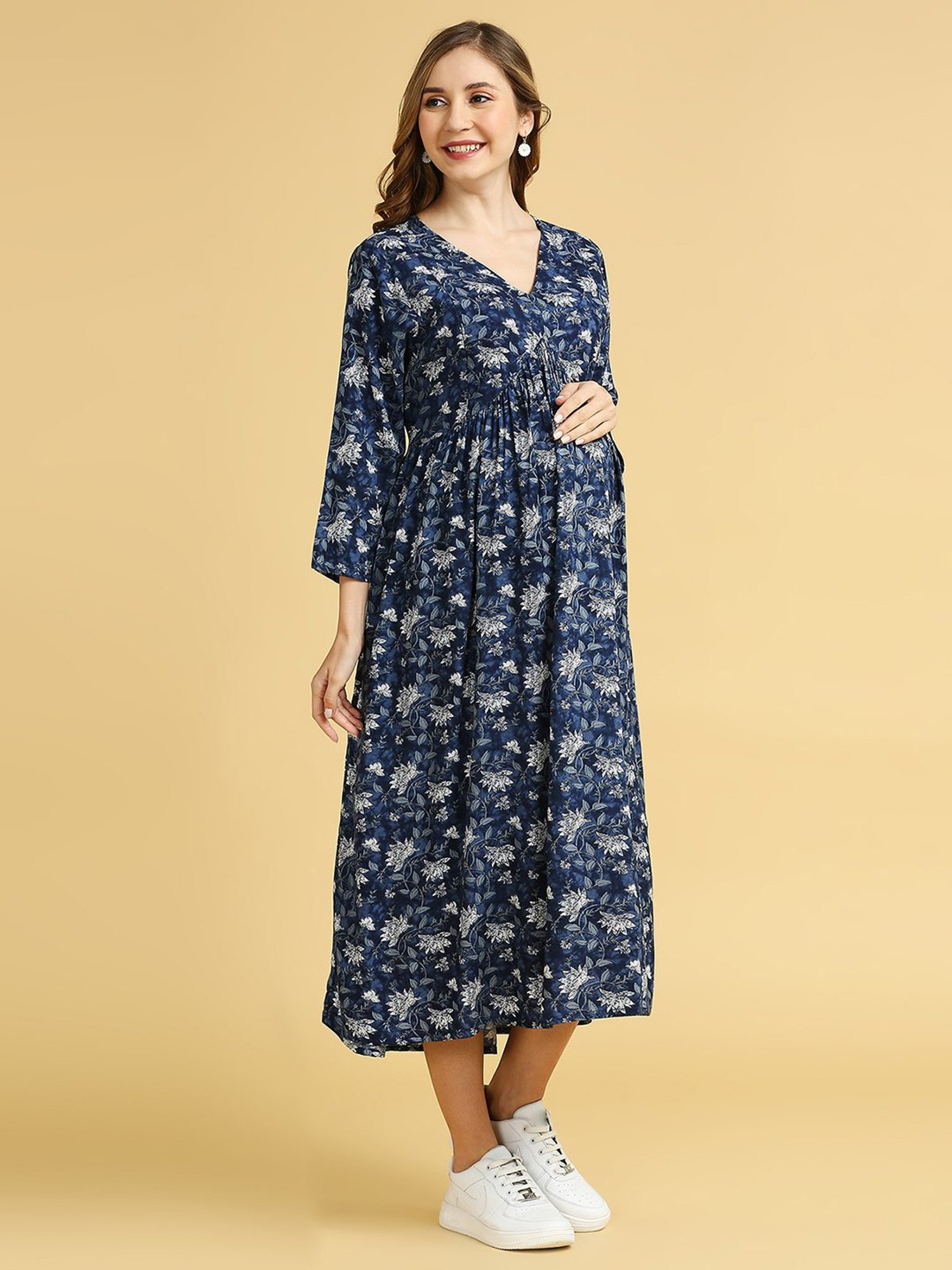 MomToBe Blue Rayon Floral Print Maternity Midi Dress