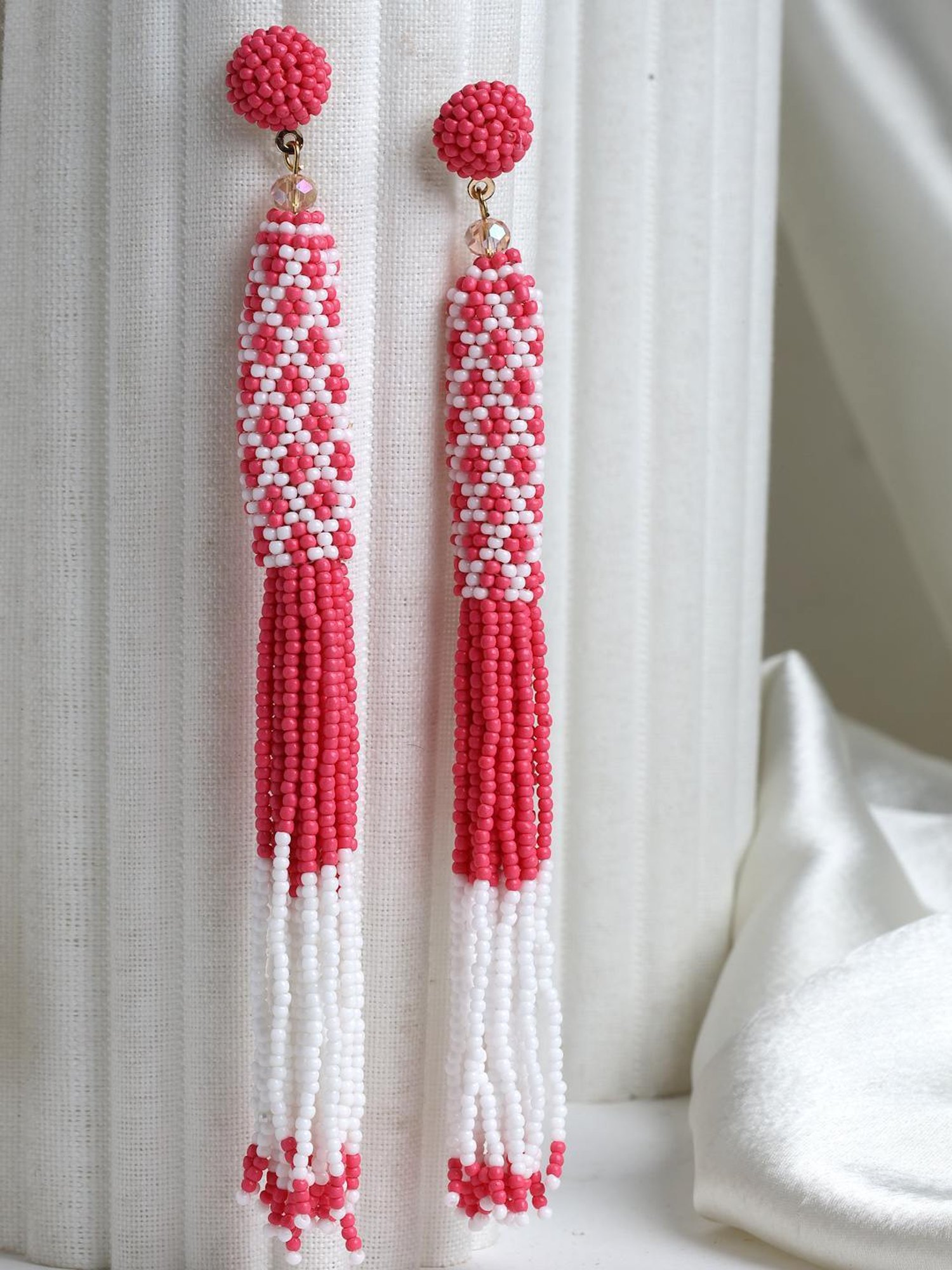 Moedbuille Pink and Off White Beads Contemporary Tasselled Design Gold Handcrafted Earrings