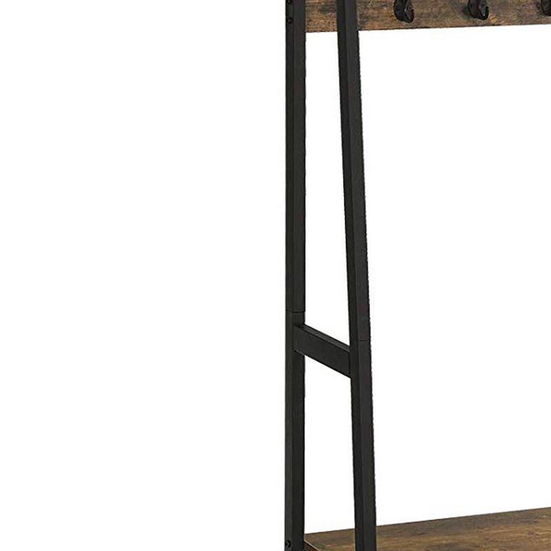 Iron Framed Coat Rack with Two Storage Shelves and Hanging Rail Brown/Black - Benzara
