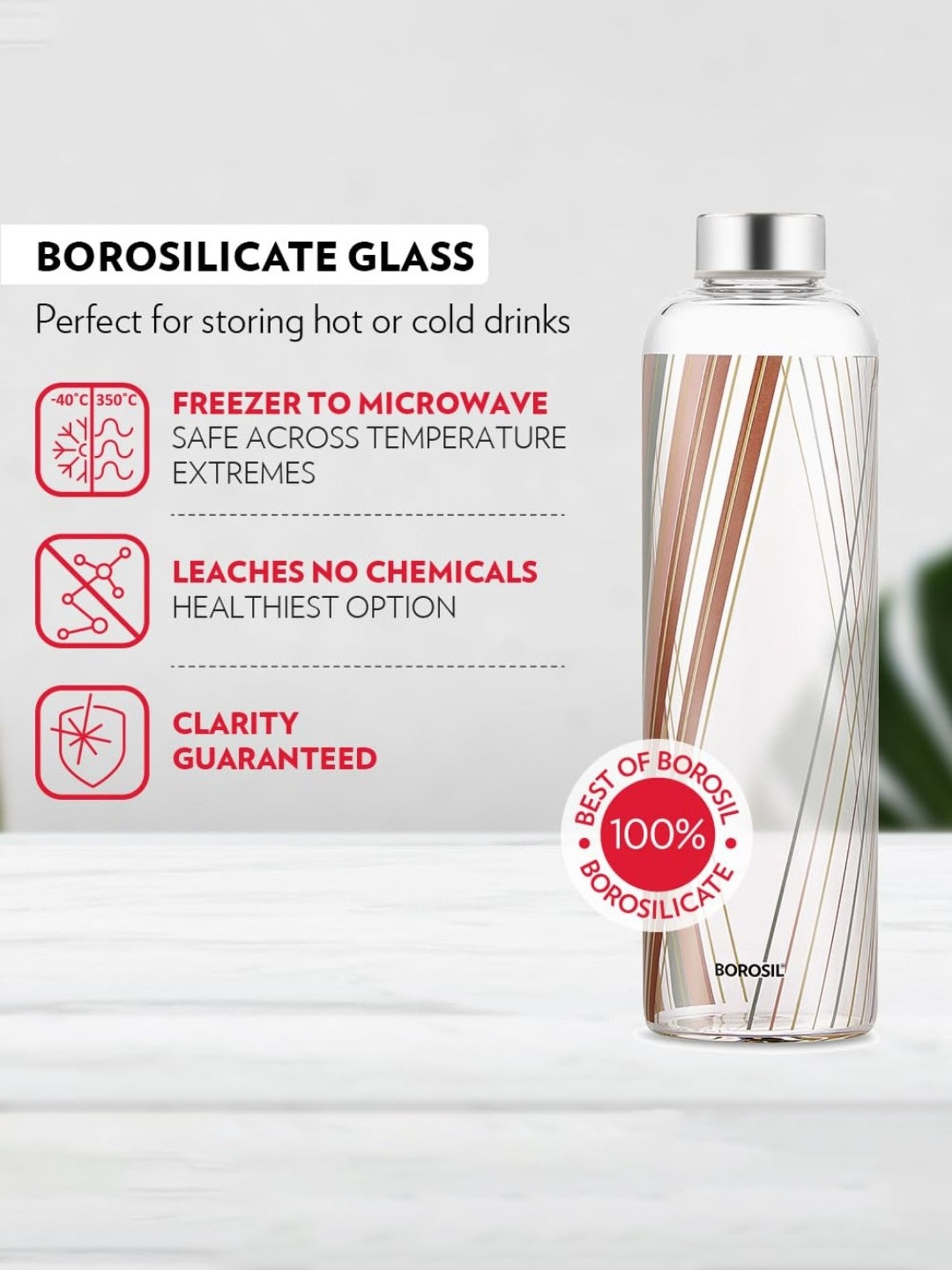 Borosil Water Bottle with Fridge Safe & Leakproof Set of 3 (Transparent, 1000 ml)