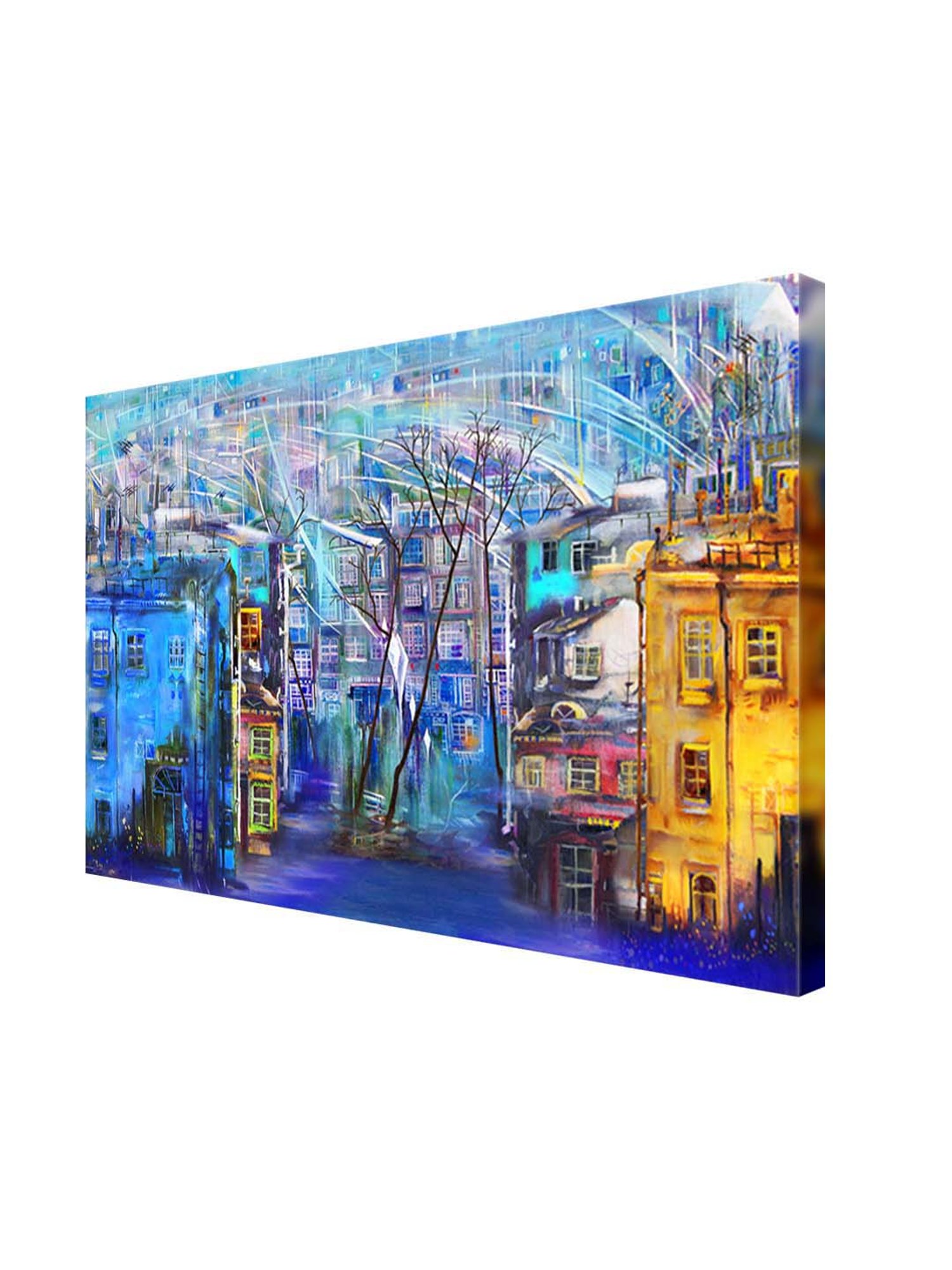 999store Blue & Yellow Abstract Building Painting Framed Canvas Painting