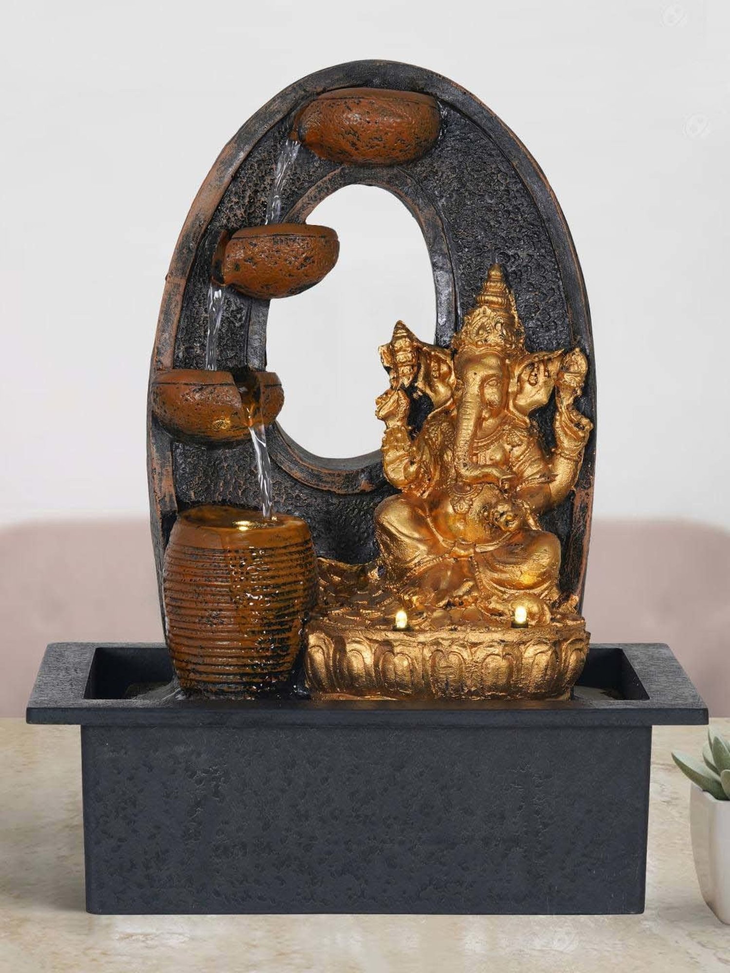 CHRONIKLE Golden & Brown Polyresin Ganesha 3 Steps Waterfall Fountain