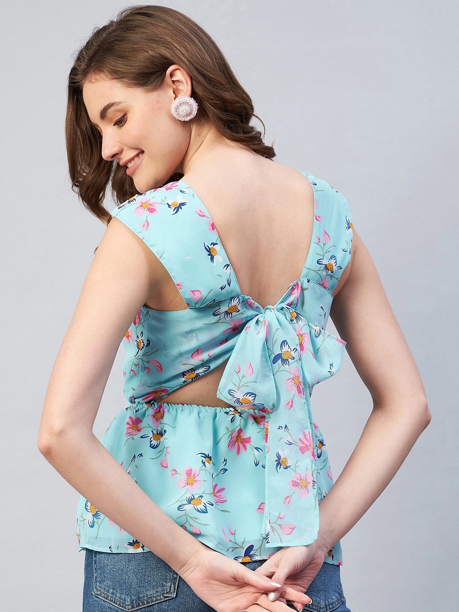 Carlton London Blue Floral Print V-Neck Top