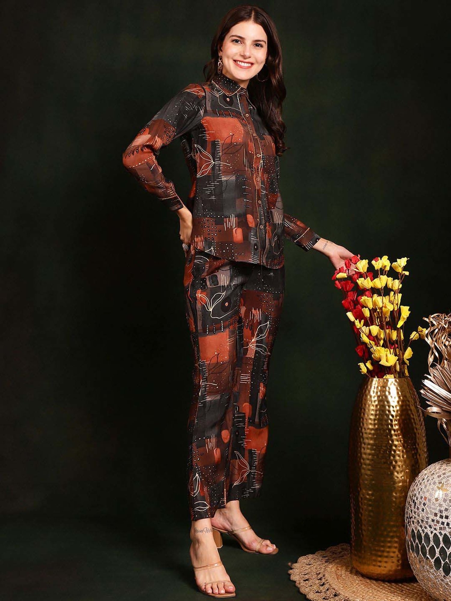 Claura Brown Printed Shirt Pant Set
