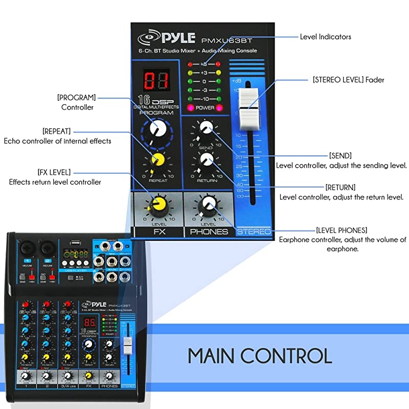Professional Audio Mixer Sound Board Console System Interface 4 Channel Digital USB Bluetooth MP3 Computer Input 48V Phantom Power Stereo DJ Studio Streaming FX 16Bit DSP processorPMXU43BT