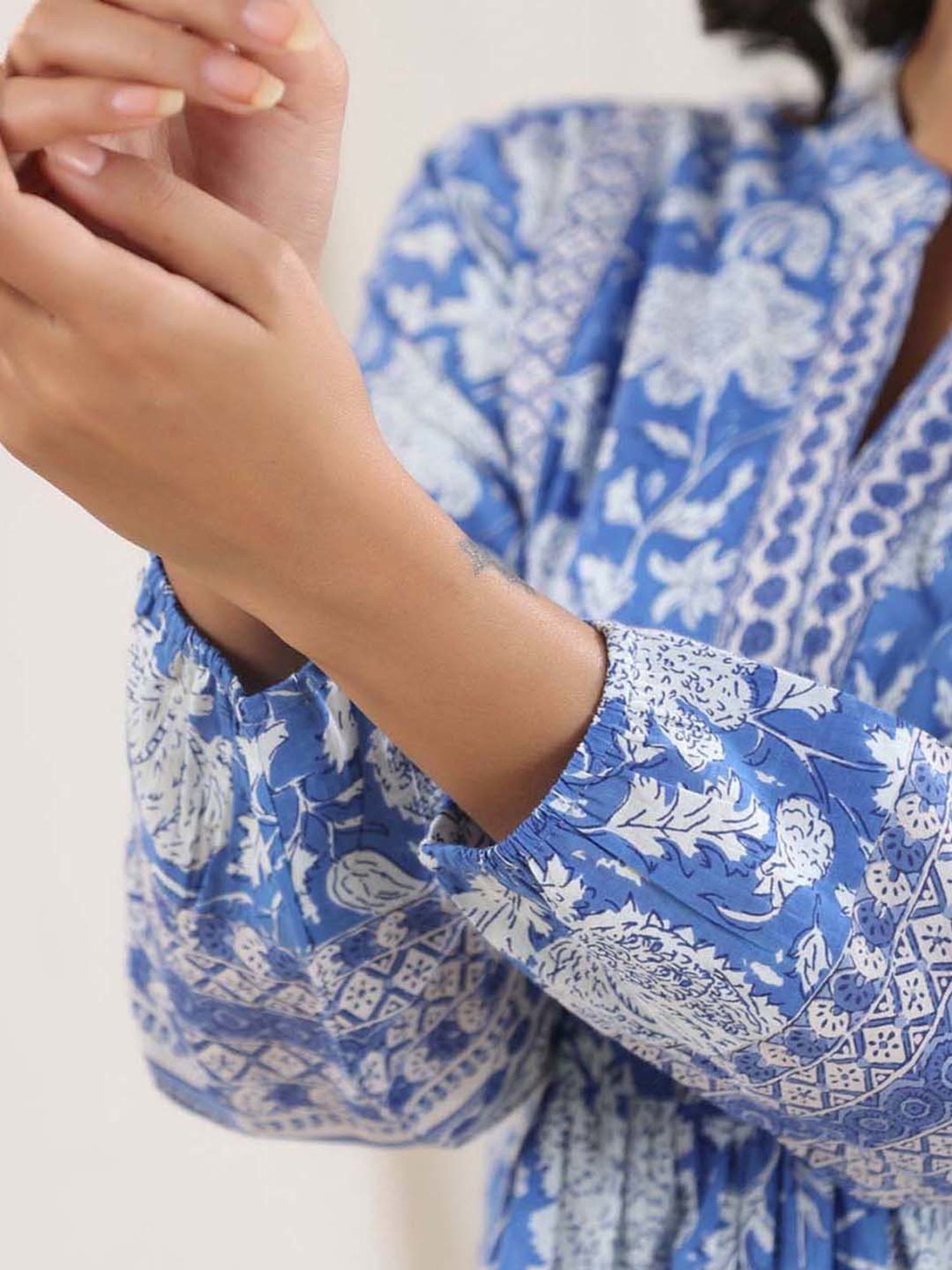 Rain and Rainbow Blue Cotton Floral Print Tunic