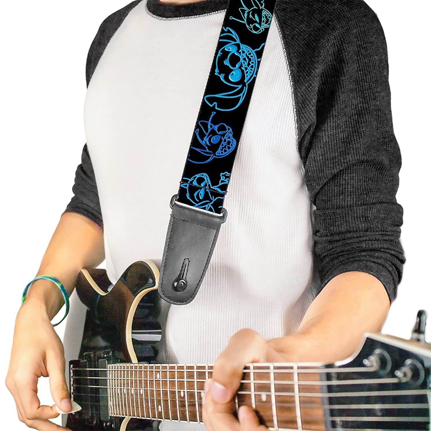 Guitar Strap Electric Stitch Poses Black Neon Blue 2 Inches Wide