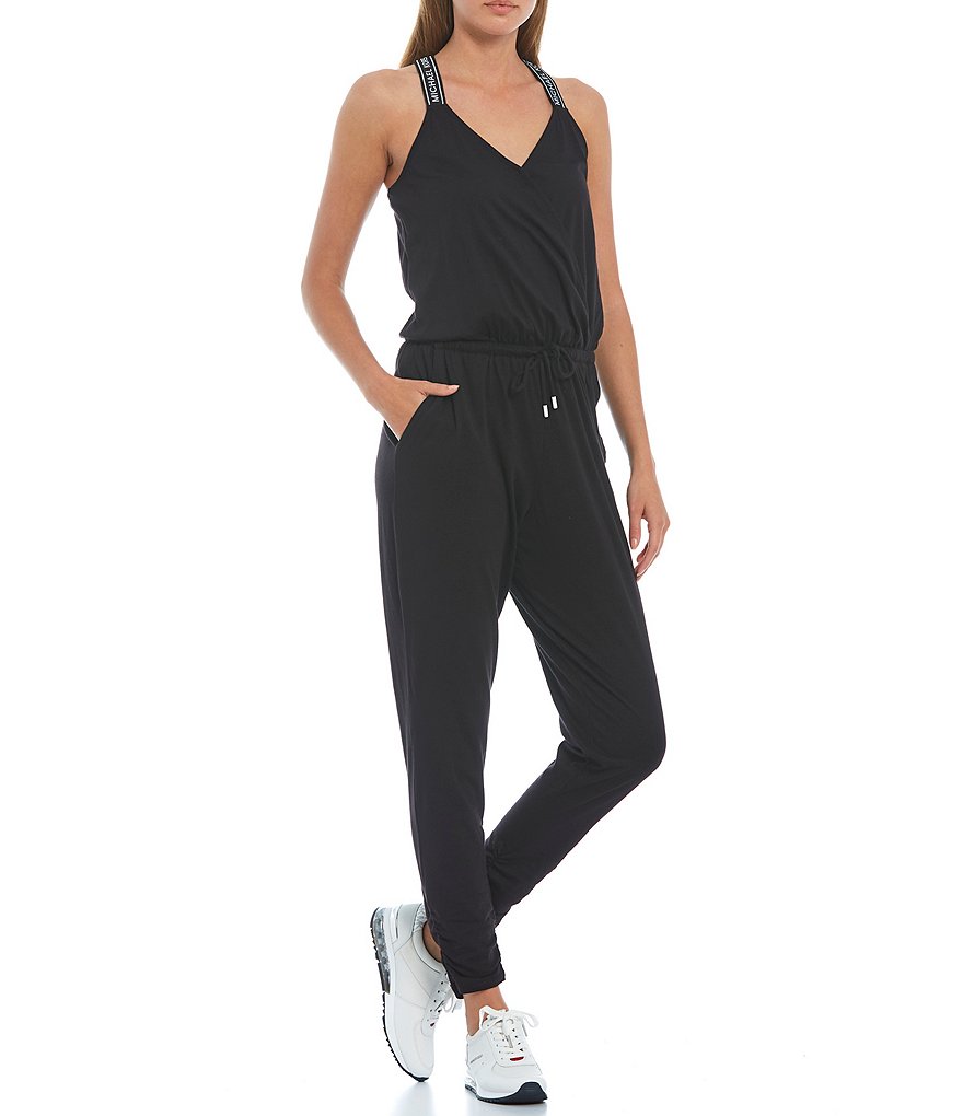 MICHAEL Michael Kors Knit Jersey V-Neck Logo Straps Sleeveless Crisscross Back Drawstring Waist Jumpsuit