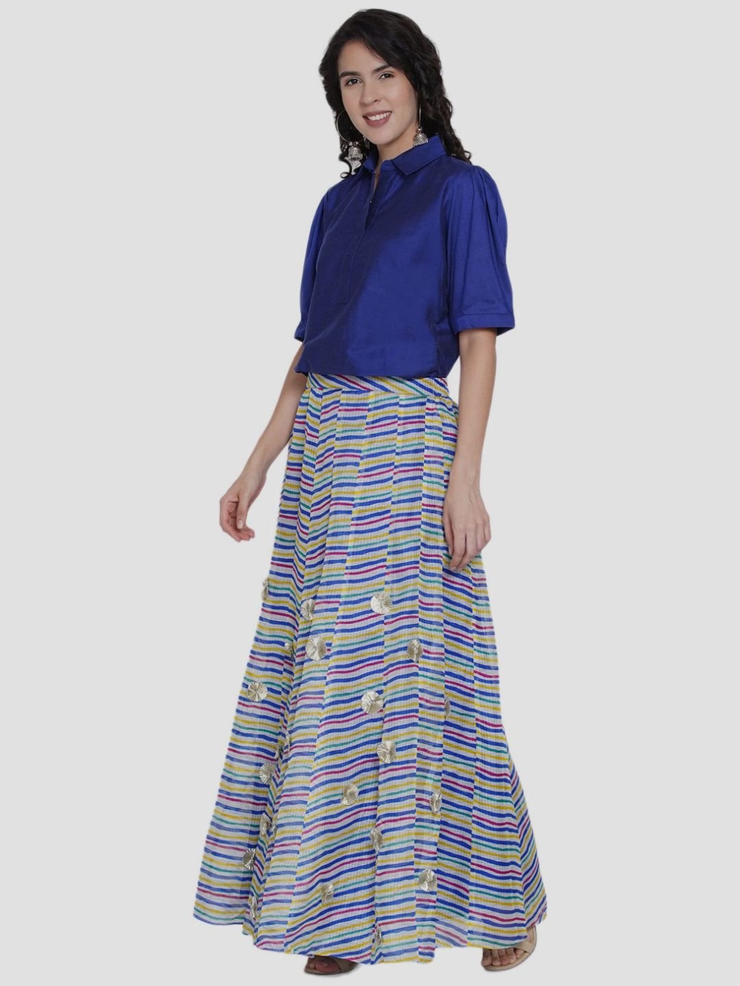 Women Republic Blue & White Top Skirt Set