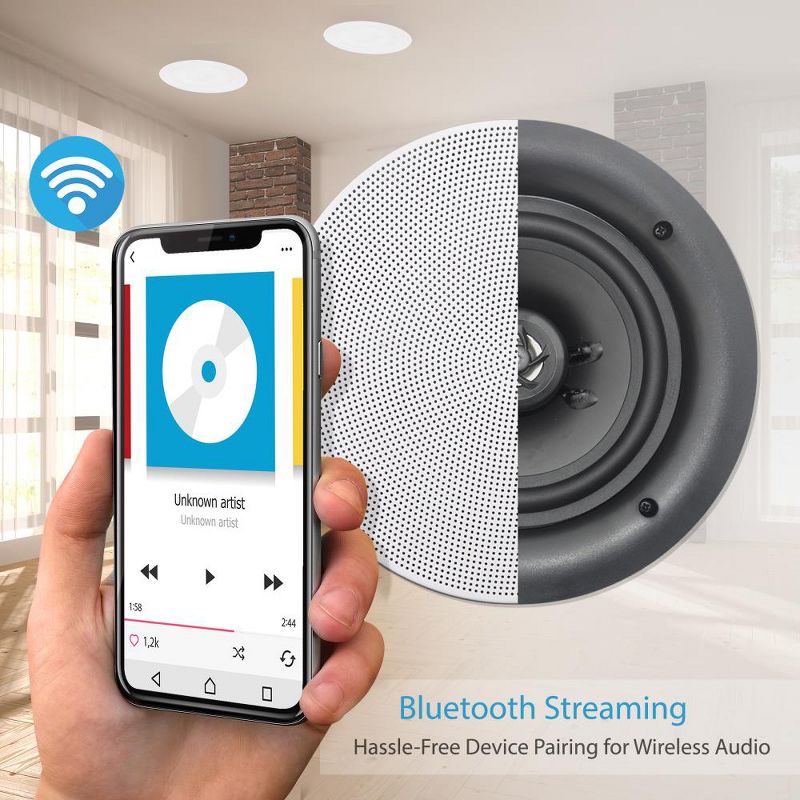 Pyle Audio 6.5 Inch 2 Way 200 Watt Flush Mount Bluetooth Home Ceiling Wall Amplifier Stereo Speaker System, 4 Pack