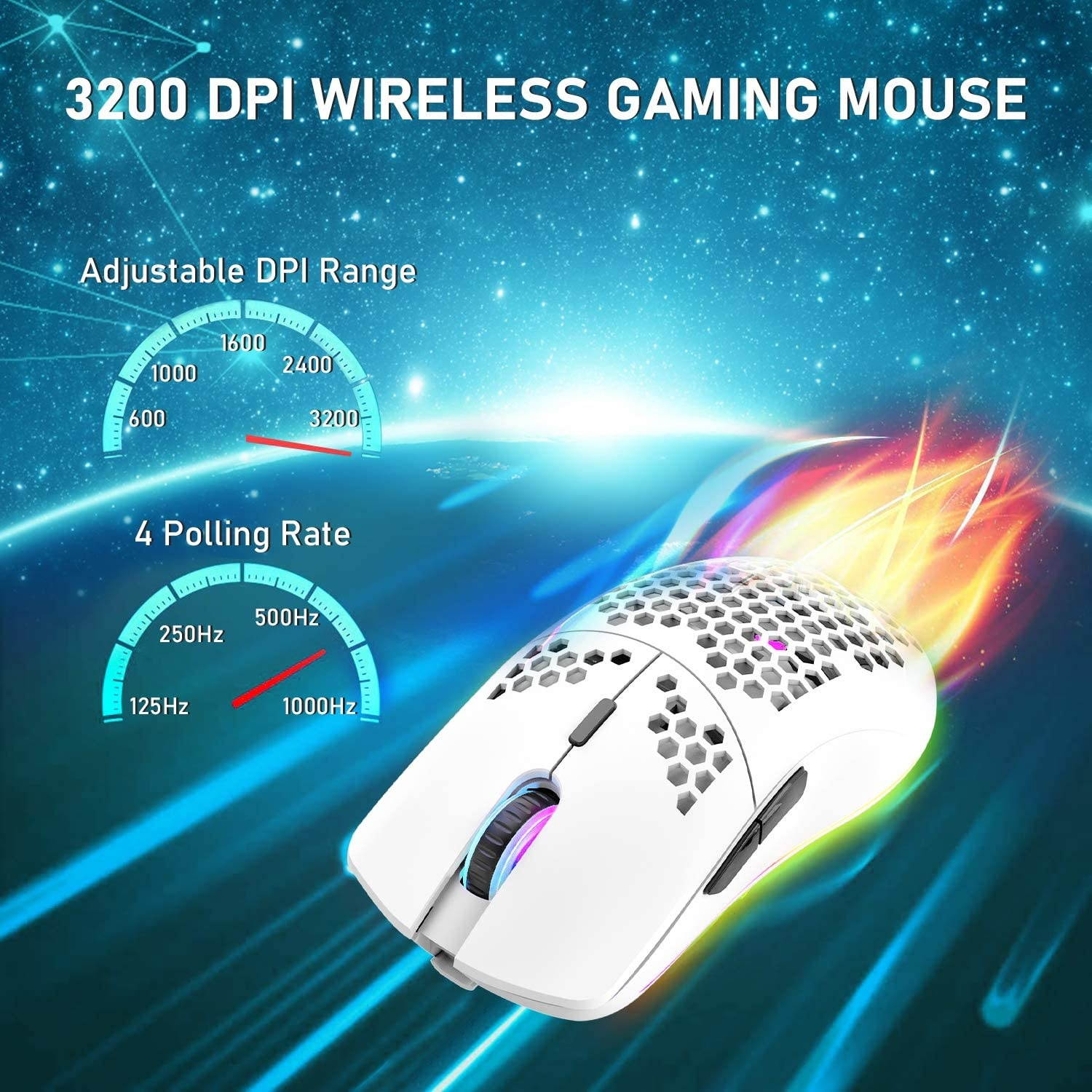 Wireless Gaming Mouse Lightweight Honeycomb Design 3200 DPI Rechargeable Gaming Mouse with 16 Rainbow Backlit, USB Receiver,Compatible with PC Gamers and Xbox and PS4 Users(White)