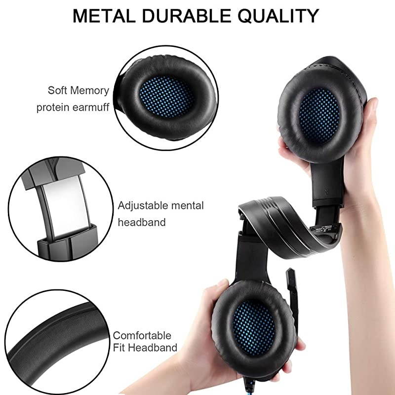 J1 Gaming Headset for PS4PC Xbox One ControllerNoise Cancelling Over Ear Headphones with Mic LED Light Bass Surround Soft Memory Earmuffs for Laptop Mac Nintendo Switch GamesBlue