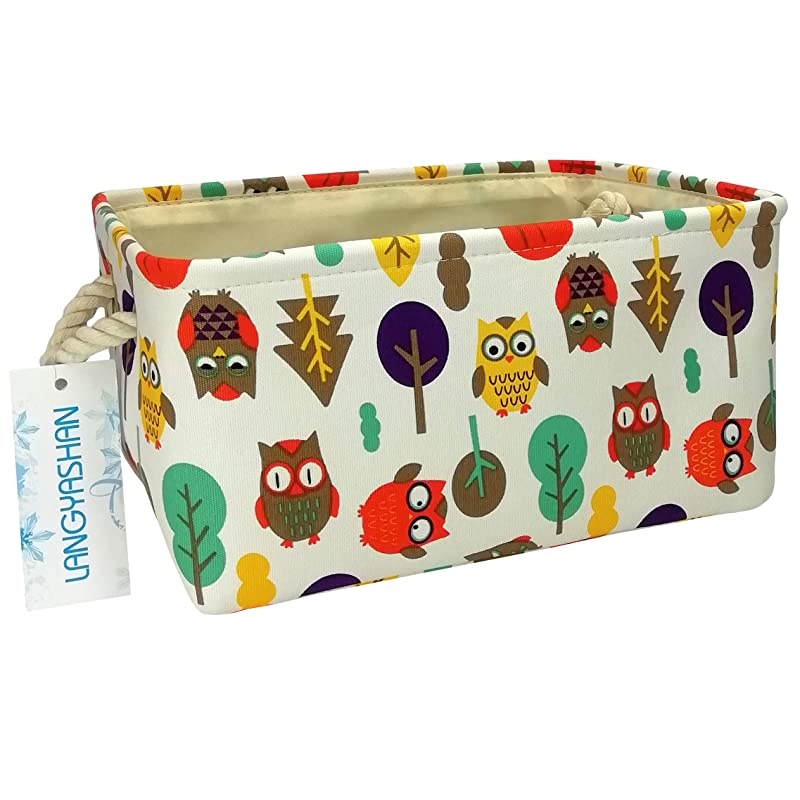 Rectangular Storage Bin Collapse Canvas Fabric Cartoon Storage Basket with Handles for Organizing Home Kitchen Boys and Girls Toys Office Closet Shelf Baskets (Owl)