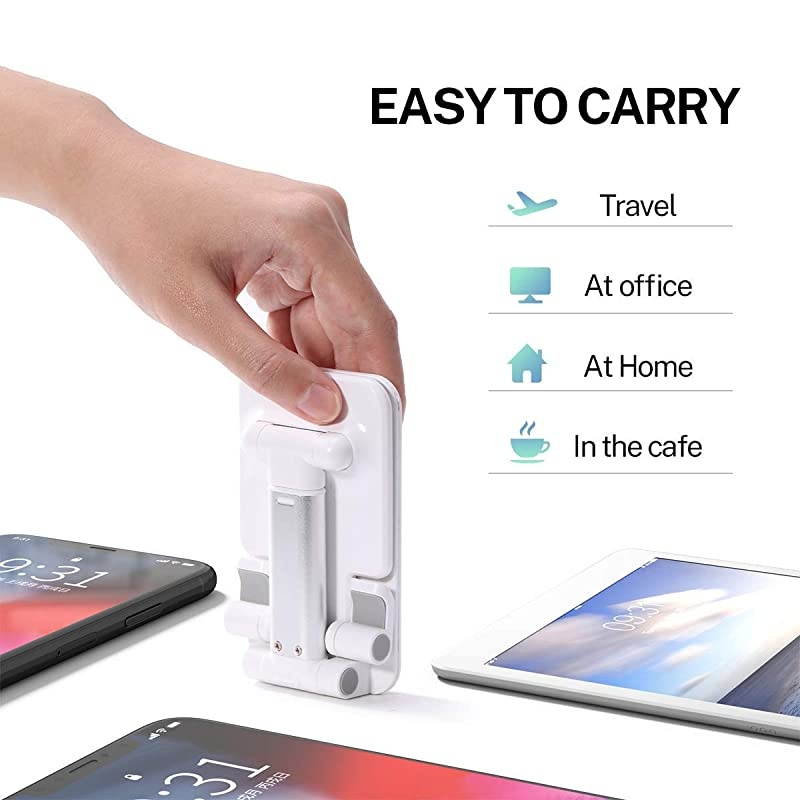 Phone Stand Foldable Portable Desktop Stand Adjustable Height and Angle Phone Holder for Desk Sturdy Aluminum Metal Stand Compatible with SmartphoneiPadKindleTablet White