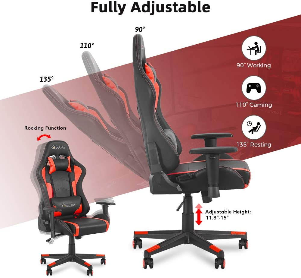 Eclife High Back Computer Game Chair with Adjustable Massage Lumbar Support and Headrest Racing Style Swivel Executive Office Desk Gaming Chair