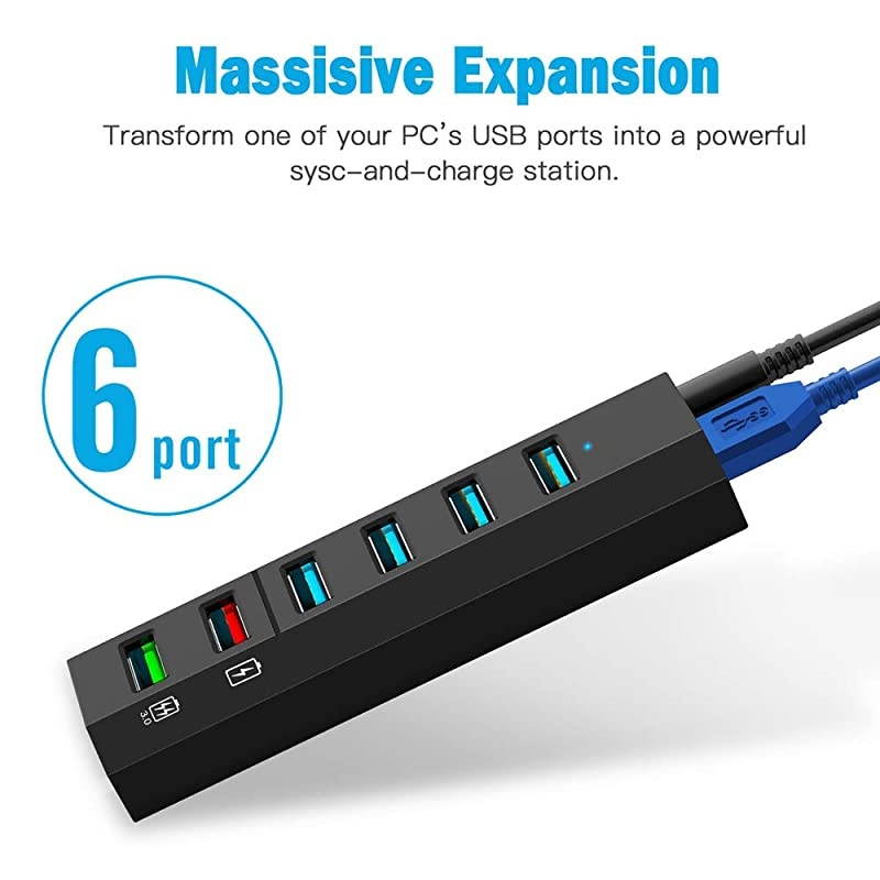 USB Hub,  6 Ports Super High Speed USB 3.0 Hub Splitter + 24W Power Adapter + USB 3.0 Cable, Black Smart Fast Charger Powered USB Hub for Laptop, Mac, PC, Mobile HDD, Mulitple Devices