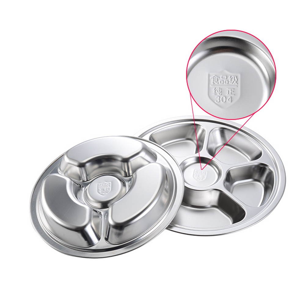 1Pc Sub-Grid Plate 4-grid Plate for Food Stainless Steel Meal Plate Plate Round Food Plate (Silver)