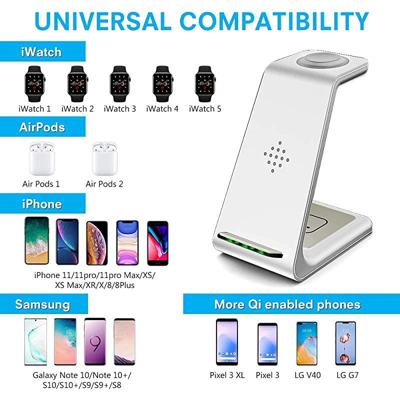 Wireless Charging Stand,  3 in 1 Wireless Charger Dock Station for Apple Watch 6 SE 5 4 3 2, Airpods 2/Pro, iPhone 12/12 Pro/12 Pro Max/ 11/11 Pro/X Qi-Certified Phones White