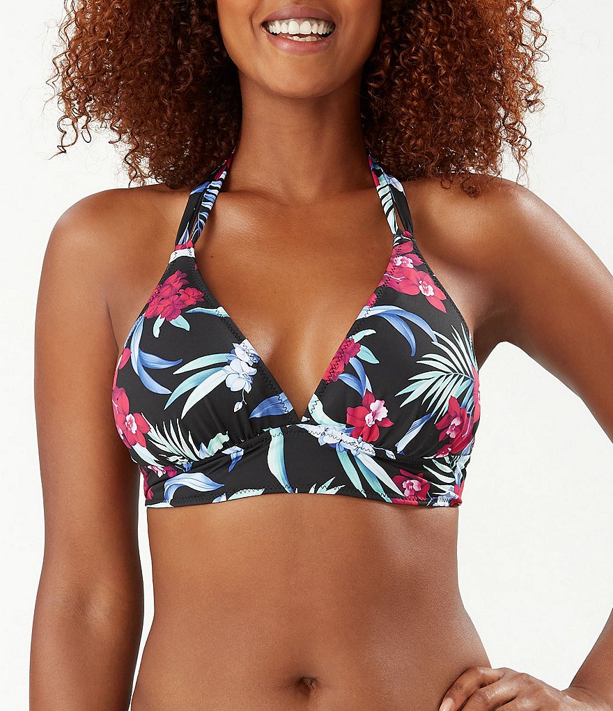 Tommy Bahama Midnight Orchid Reversible Double Strap Halter Swim Top