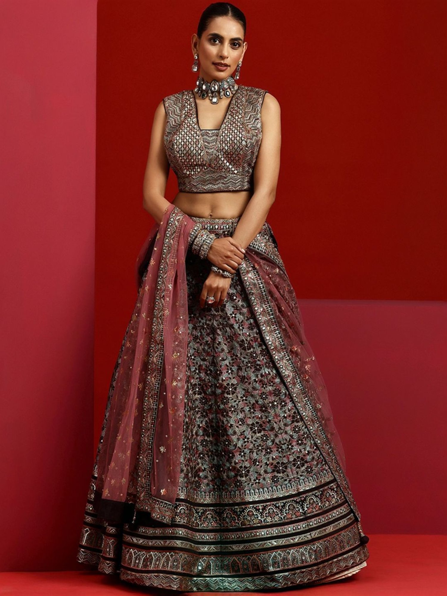 Libas Art Purple Embroidered Lehenga Choli Set With Dupatta