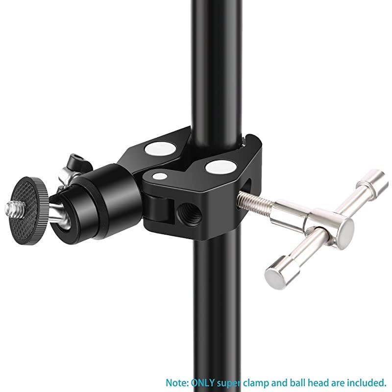 Metal Adjustable Camera Large Super Clamp and Ball Head Hot Shoe Mount Adapter with 1/4 inch Screw for DSLR Film Movie Rig, Monitor, Flash, LED Lights, Track Slider and Light Stand