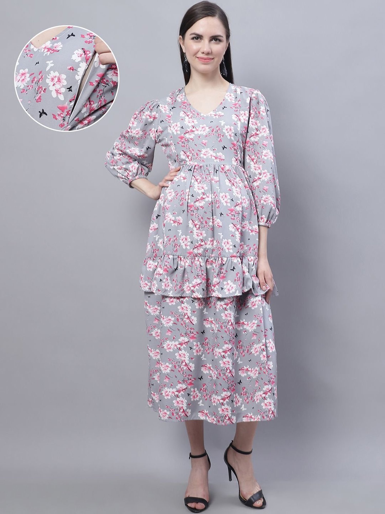 Moms Maternity Grey Printed Dress