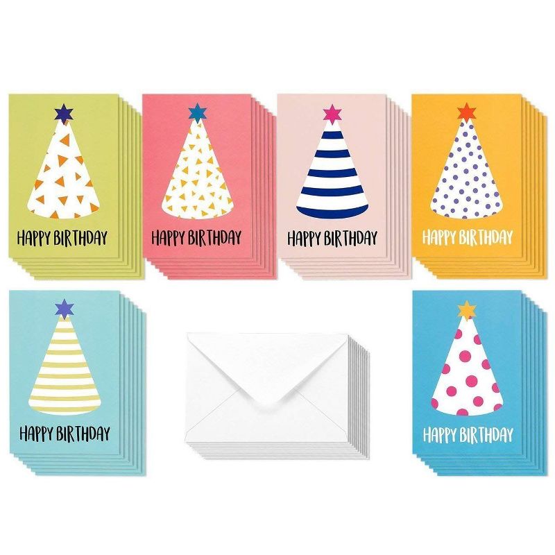 Best Paper Greetings 48-Pack Party Hats Happy Birthday Greeting Cards Bulk Box Set with Envelopes, 6 Colors, 4x6 in