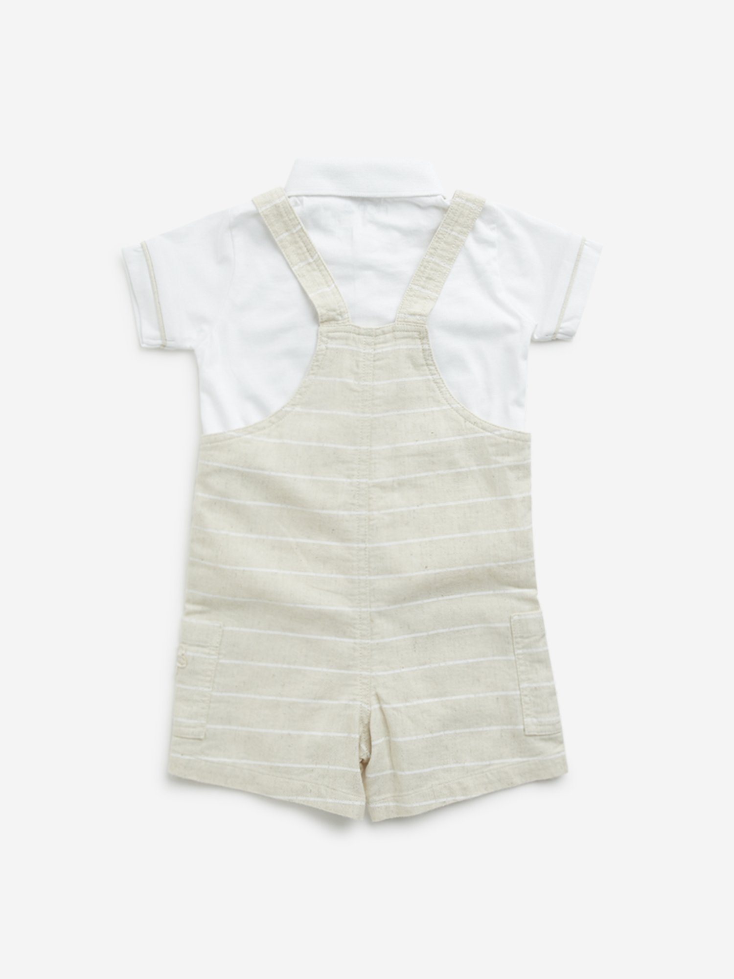 HOP Baby by Westside Beige Pinstriped Dungaree with T-Shirt Set